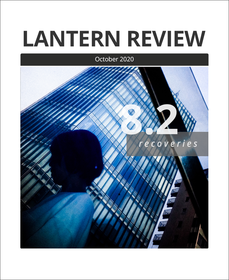 Cover Image: LANTERN REVIEW Issue 8.2, “Recoveries” (featuring a film still from Cindy Nguyen’s “Tokyo Glances”: blue-tinted photo of a waist-up, silhouetted figure in profile, wearing a white shirt and with short hair against an overcast sky. In the backdrop, a skyscraper with glass windows and another brick skyscraper to the side.)