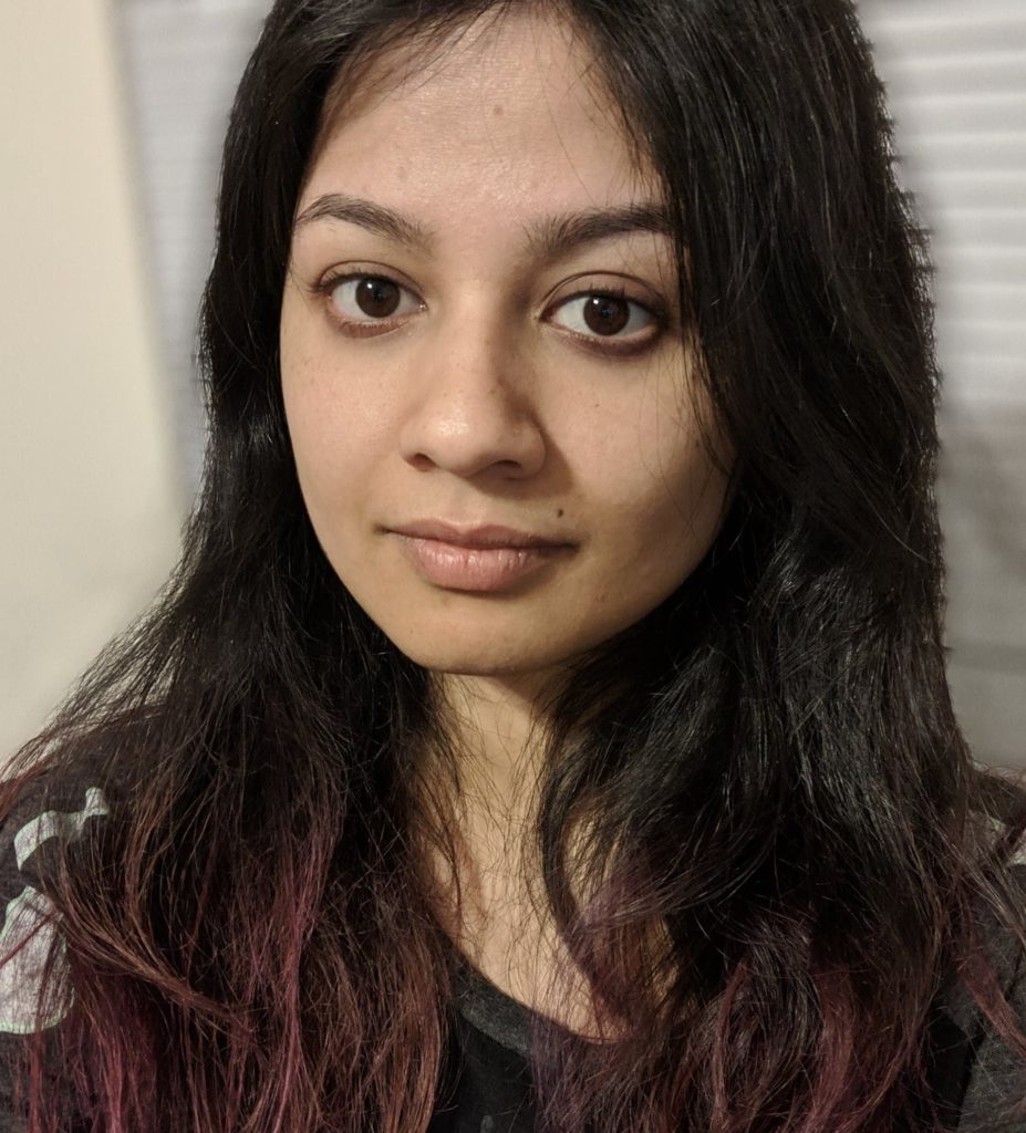 Close portrait of Indrani Sengupta wearing a black, gray, and white top and standing in front of closed white window blinds. The purple tips of her long black hair fall past her shoulders. She is looking directly at the camera with a serious expression.