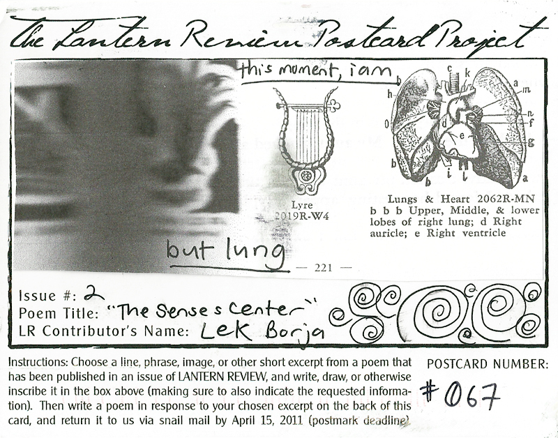Rachelle Cruz: Postcard Poem #067 Front - from the 2011 LANTERN REVIEW Postcard Project
