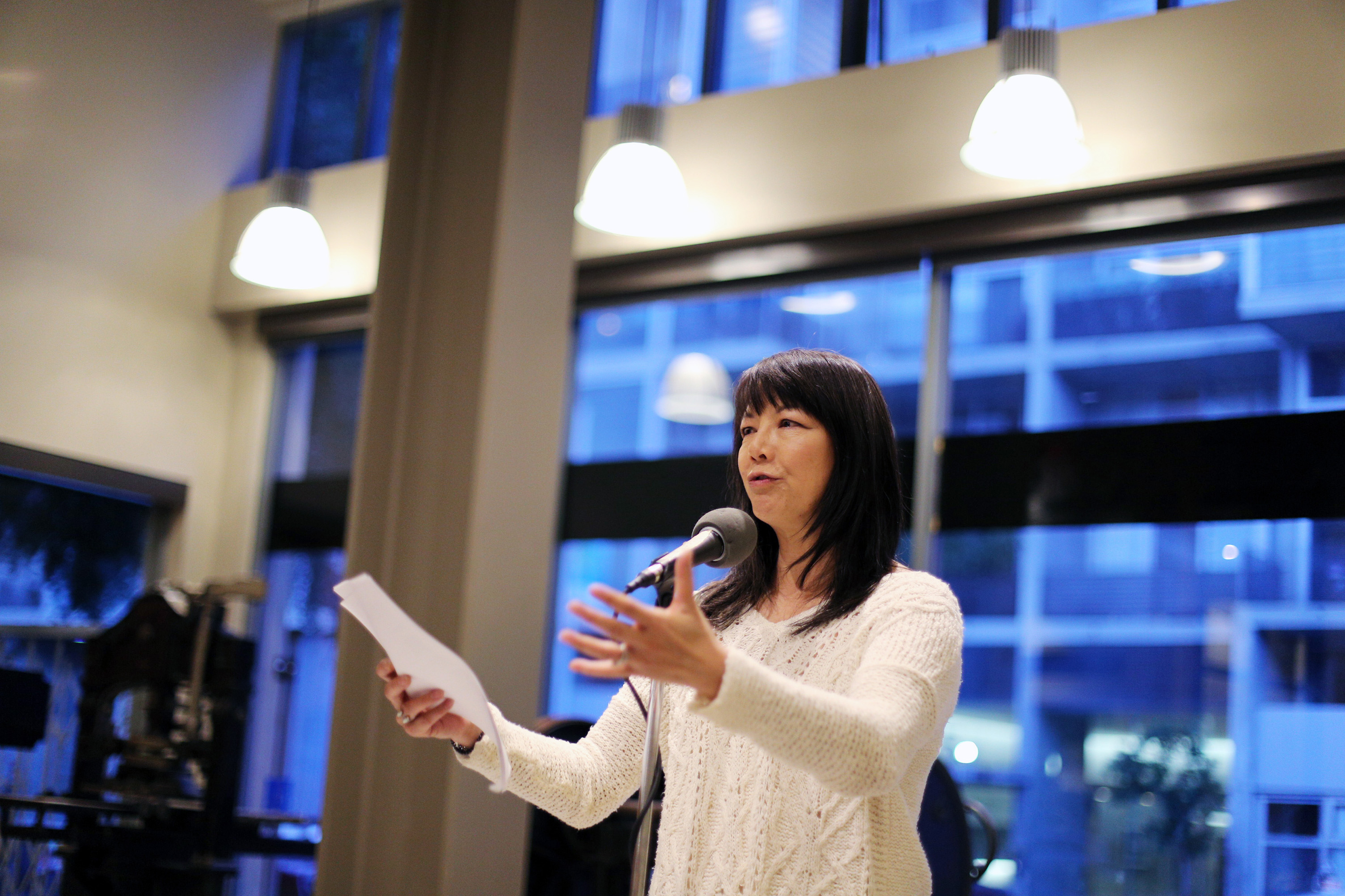 Candy Shue addresses the audience at the American Bookbinders Museum