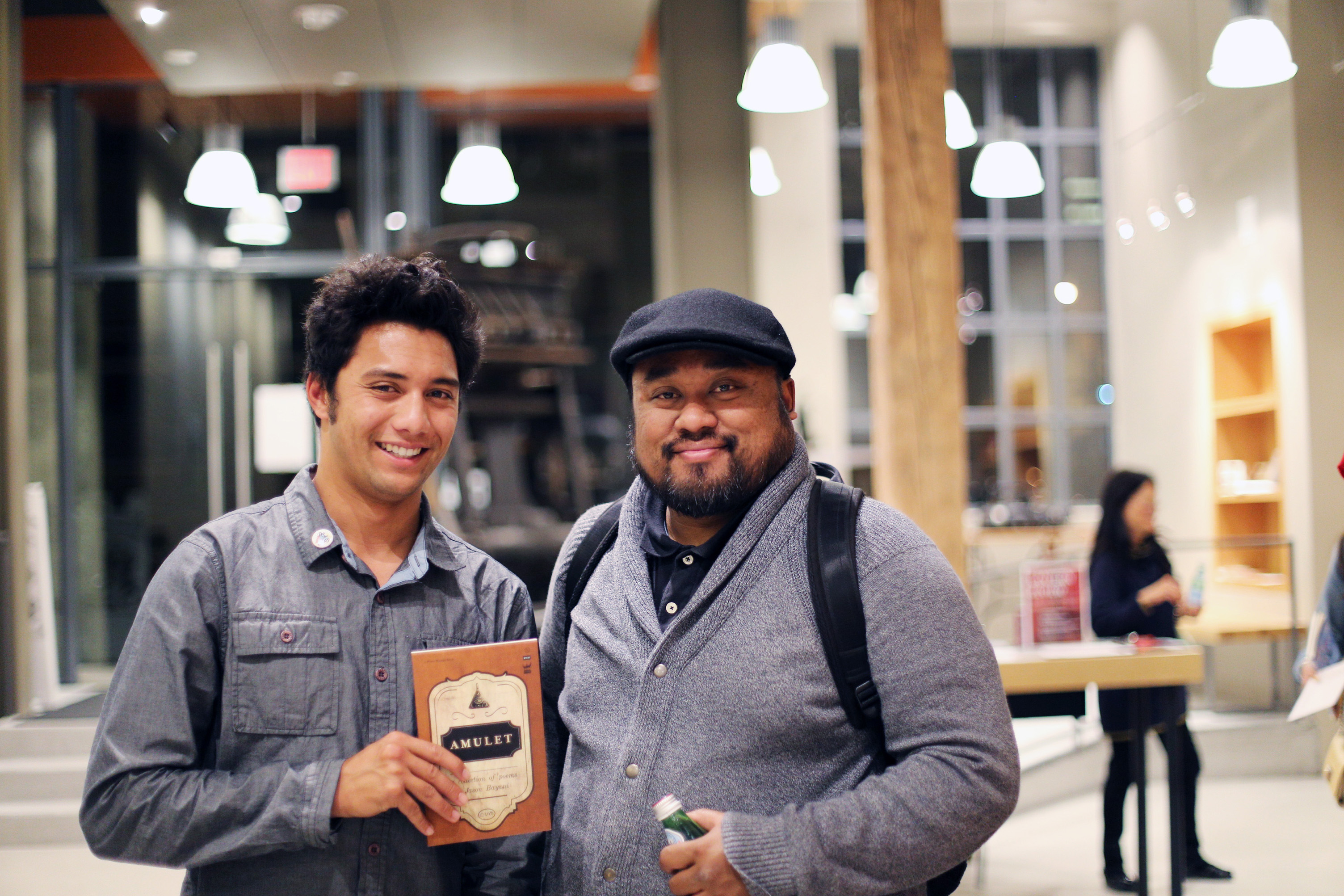 Jason Bayani (R) with museum staff after the former read as part of LR's event series at the American Bookbinders Museum.