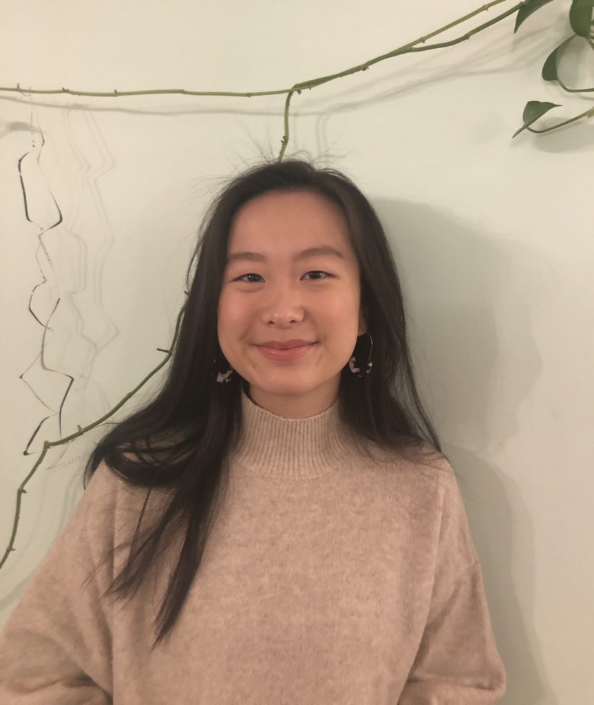 Yi Wei (photo by Xiang Hang). The author, an Asian American poet with long black hair, wearing a blush-colored turtleneck sweater and hoop earrings. She is standing against a blank, beige wall with vine tendrils curling down above her head. 