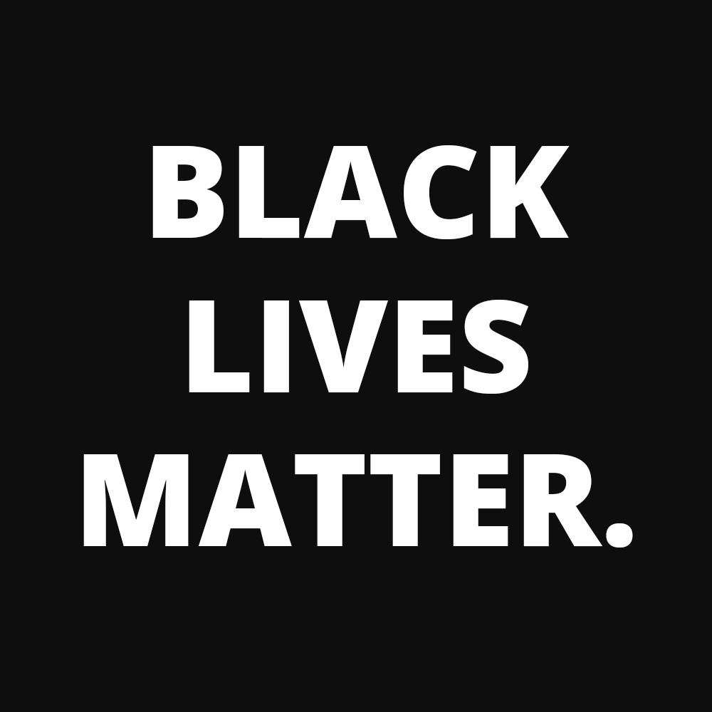 Black square with white text reading, in all caps, "BLACK LIVES MATTER."