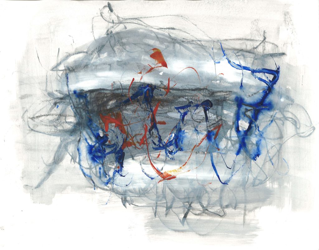 "Flight," painting by Suiren (Dempster's mother). Abstract painting featuring a loose, light gray wash overlaid with red and blue brushstrokes, all on a white ground.